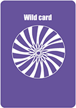 A purple coloured card with an spiral image in white in the middle, titled Wild Card