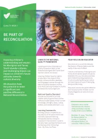 QA1 Be part of reconciliation information sheet cover with image of Indigenous girl in classroom